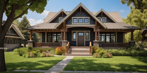 A beautifully crafted Craftsman-style home exterior with intricate woodwork, dormer windows, and a spacious front porch, leading to a modern living room interior designed for effortless indoor.