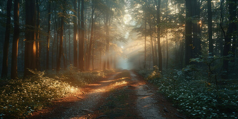 Serene forest path with sunbeams filtering through the trees in the early morning light