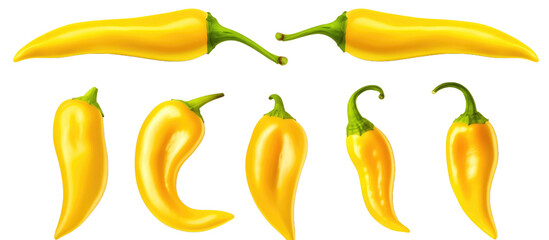 Set of yellow chilli peppers isolated on transparent a white background 