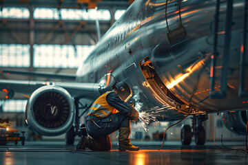 Aircraft hangar assembly, welder repair. Engineers assembling an engine of a passenger jet at a hangar. - obrazy, fototapety, plakaty