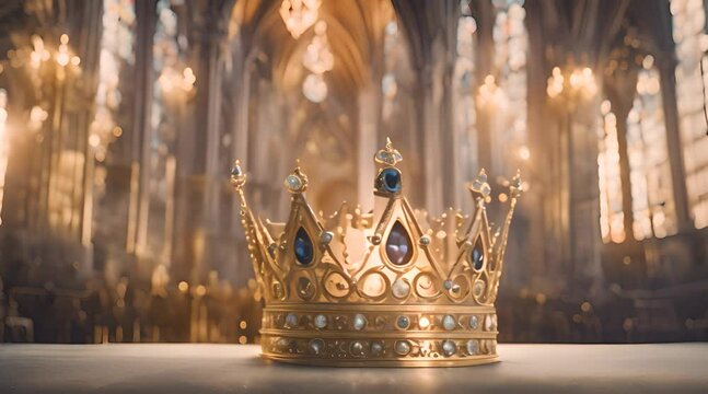 A gold royal king queen coronation crown with jewels and diamonds against a blurred gothic cathedral background with looped crystal and glass light leak overlays background image