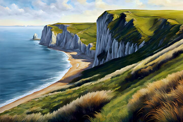 beautiful landscape painting of the cliffs of dover - grassy rocky bluffs over the sea beneath the cloudy sky on a brilliant summer day - stunning panorama vista seascape, grassy slope over the beach