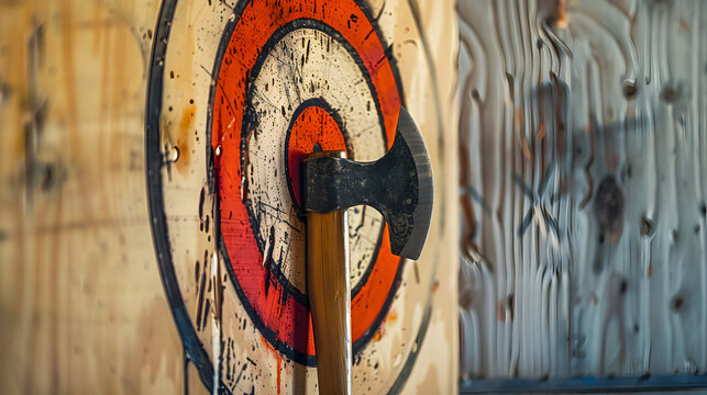 Axe throwing target with axe in center on bullseye