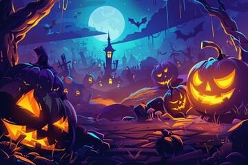 a halloween scene with pumpkins and a full moon - obrazy, fototapety, plakaty