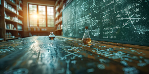 A chemistry lab with a chalkboard full of equations and a bottle of alcohol on the table. Scene is scientific and focused