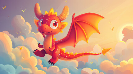 Obraz premium Brightly colored cartoon dragon soaring happily through a dreamy sky with fluffy clouds.