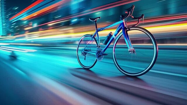A blue bicycle is shown in motion, with the road and the bike appearing blurred. Concept of speed and movement, as if the bike is racing down the road 4K motion