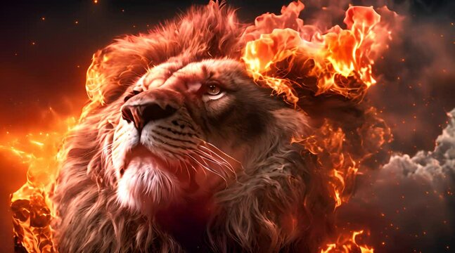 Lion king in fire Portrait on black background Wildlife animal Video
