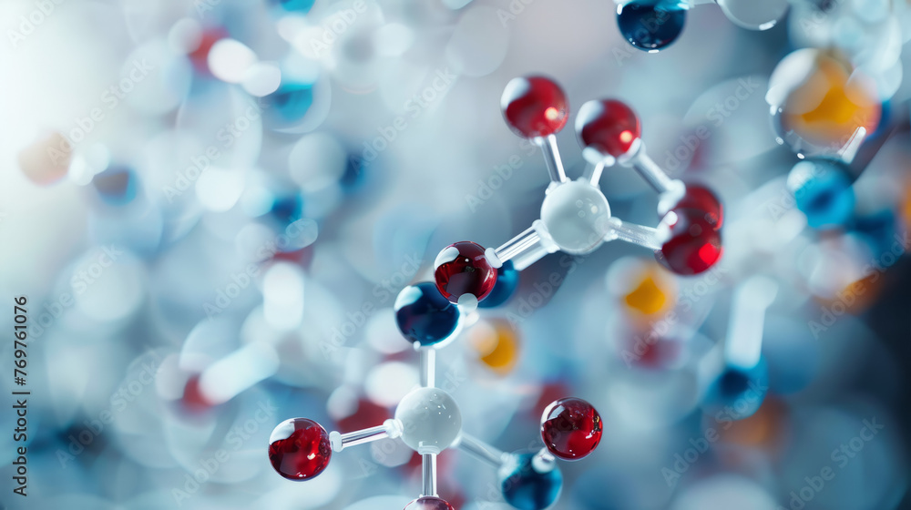 Poster a bright, multi-colored molecular structure stands out with a blurred science lab setting behind