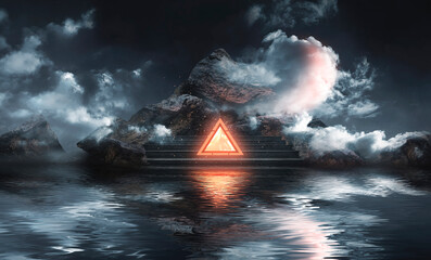 Fantasy mountain landscape, light neon pyramid, reflection in water, clouds. 3D illustration.