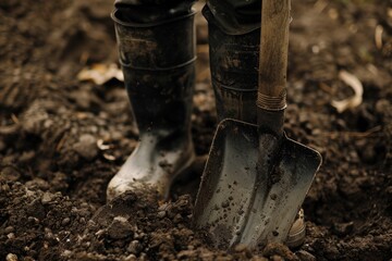 Working the Earth: Senior Man in Dirty Rubber Boots Leans on Spade in Clay Soil Amidst Spring Gardening Duties