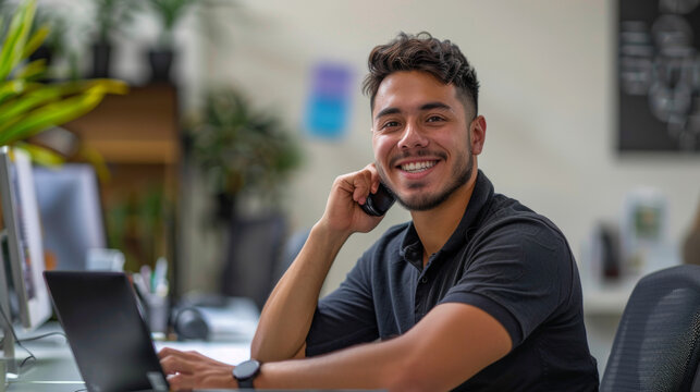 jeune homme souriant dans un bureau en train de t&eacute;l&eacute;phoner assis devant son ordinateur