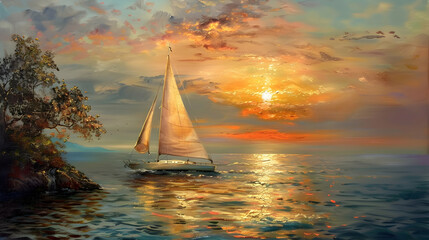 Sailboat sails on tranquil water, sunset paints nature beauty - obrazy, fototapety, plakaty