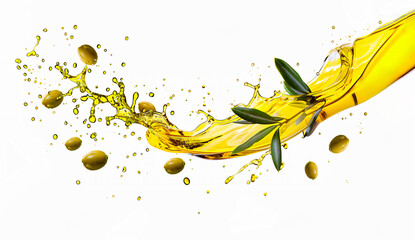 Dynamic splash of olive oil with whole olives and leaves isolated on a white background