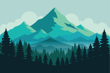 Realistic mountains landscape. Morning wood panorama, pine trees and mountains silhouettes. Vector forest hiking