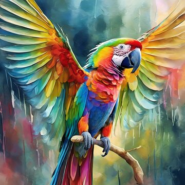 blue and yellow macaw.a stunning art print showcasing a parrot displaying its rainbow-colored wings. Use a delicate blend of translucent washes and precise detailing to capture the iridescence and bea