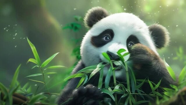A cute baby panda is eating bamboo. The image has a light and playful mood, as the panda is surrounded by green grass and leaves 4K motion