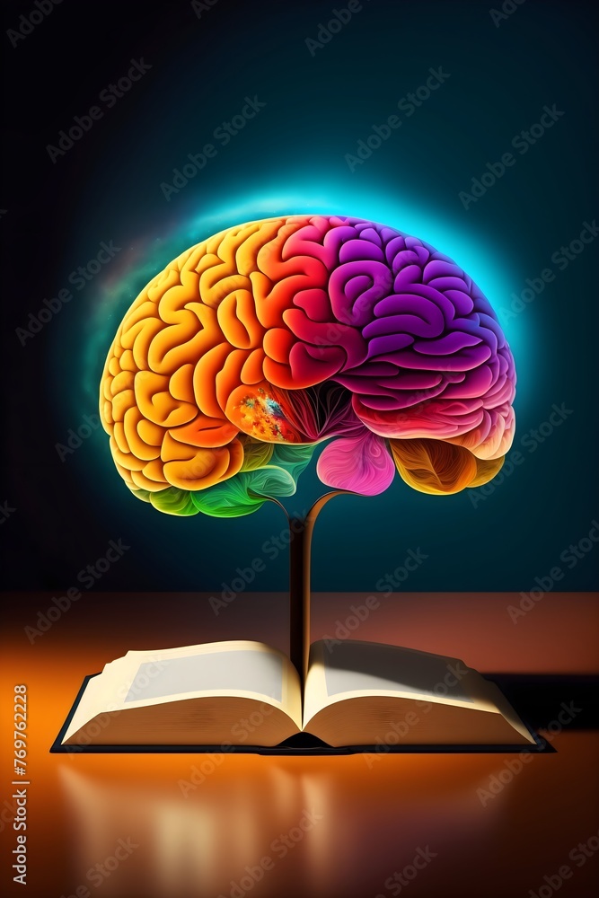 Aufkleber an imaginative conceptual image featuring a brain emerging from the pages of a book, symbolizing kno