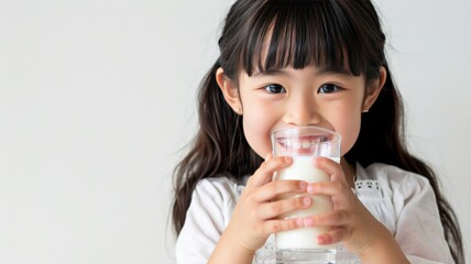 World Milk Day, Five year old Asian girl sits holding a glass of healthy milk.
