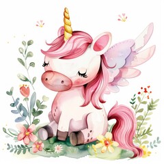 baby winged unicorn watercolor in a cartoony style