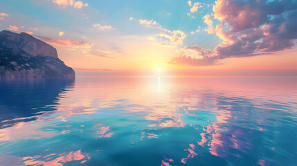 Sunset over the tranquil coastline, reflecting on the blue water