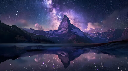 Tranquil mountain peak reflects galaxy in serene night landscape - obrazy, fototapety, plakaty