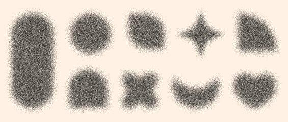 Vector illustration of blurred, gradient shapes with noise effect. Blurred aura elements of flower or heart, square, arch on isolated background.