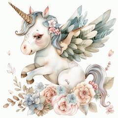 baby winged unicorn watercolor in a cartoony style