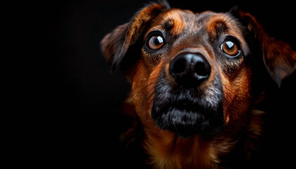 Adopting animals and homeless pets. Close up portrait of cute brown dog on black background.