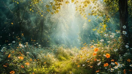 Wildflower Woodland with Autumn Whispers. Beautiful landscape wallpaper high quality screen background