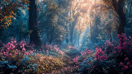 Dancing Sunbeams in Blooming Floral Forest. Beautiful landscape wallpaper high quality screen background - obrazy, fototapety, plakaty