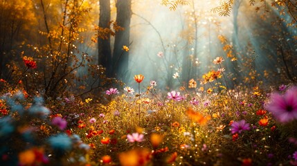 Golden Morning Light in Tranquil Forest Glade. Beautiful landscape wallpaper high quality screen background - obrazy, fototapety, plakaty