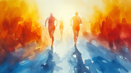 Sport activity concept. Watercolour illustration of runners on colourful background. Selective focus. Copy space 