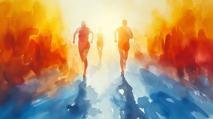 Fotobehang Sport activity concept. Watercolour illustration of runners on colourful background. Selective focus. Copy space  © Inga Bulgakova