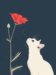 Simple Illustration of White Cat and Red Flower on Minimalist Background