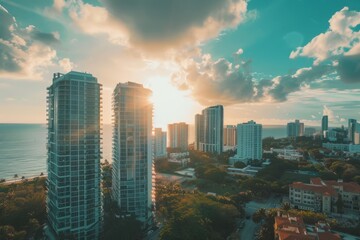 photo of tall buildings in miami, ocean view, sunny day, wide angle shot, drone photo Generative AI