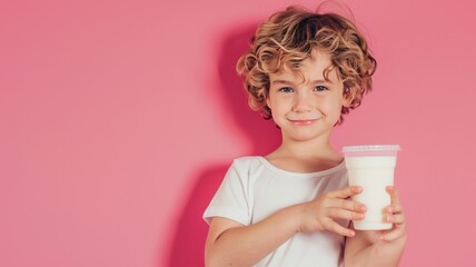 child boy holding milk and One arm muscle stretching pose. - obrazy, fototapety, plakaty