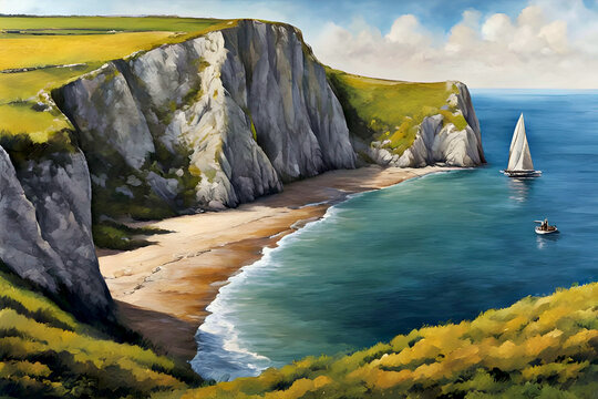 beautiful landscape painting of the cliffs of dover - grassy rocky bluffs over the sea beneath the cloudy sky on a brilliant summer day - stunning panorama vista seascape, boats in the beach bay