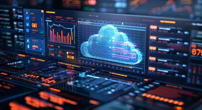 Cloud computing platforms powering online trading systems, abstract representation