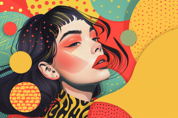 Colorful female portrait with abstract vector elements and bold makeup