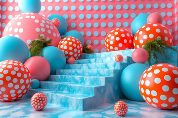 Abstract polka-dotted spheres with blue steps on pink background