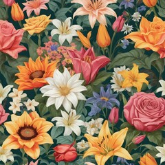 floral seamless pattern rose, sunflowers  tulips printed on fabric 