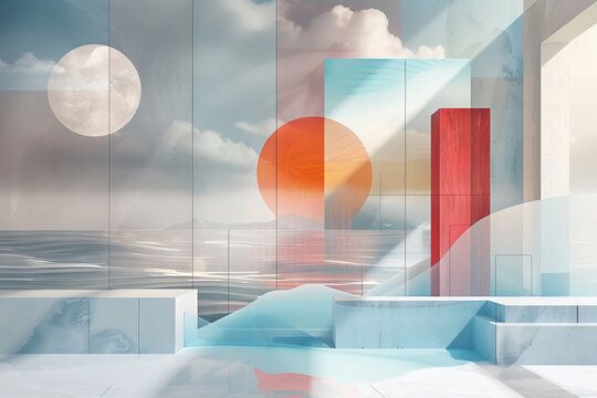 Surreal landscape with geometric shapes and ocean view