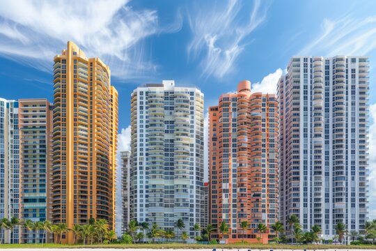 high rise buildings in miami, with ocean view, real estate photography Generative AI