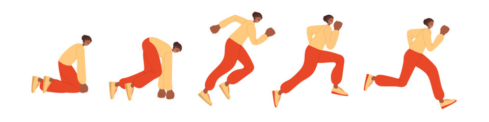 Low start. Running woman. Stages of body movement when running. Individual steps. Girl with sports uniform runs. Colored flat vector illustration isolated on white background. Athletic sports Concept.