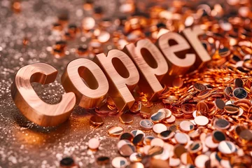 Fotobehang a sign that spells "Copper" surrounded by copper metal disks © StockUp