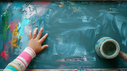 brightly painted children's hand in front of a old aged empty pestle blue chalkboard with white frame and space for text - obrazy, fototapety, plakaty