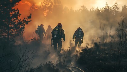 Firefighters battling blazing infernos, showcasing teamwork and bravery - obrazy, fototapety, plakaty