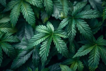 Close-up photo of green hemp leaves. Cannabis leaves background. Medical marijuana concept