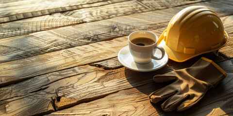 Coffee break on a wooden background with construction equipment,Labor Day